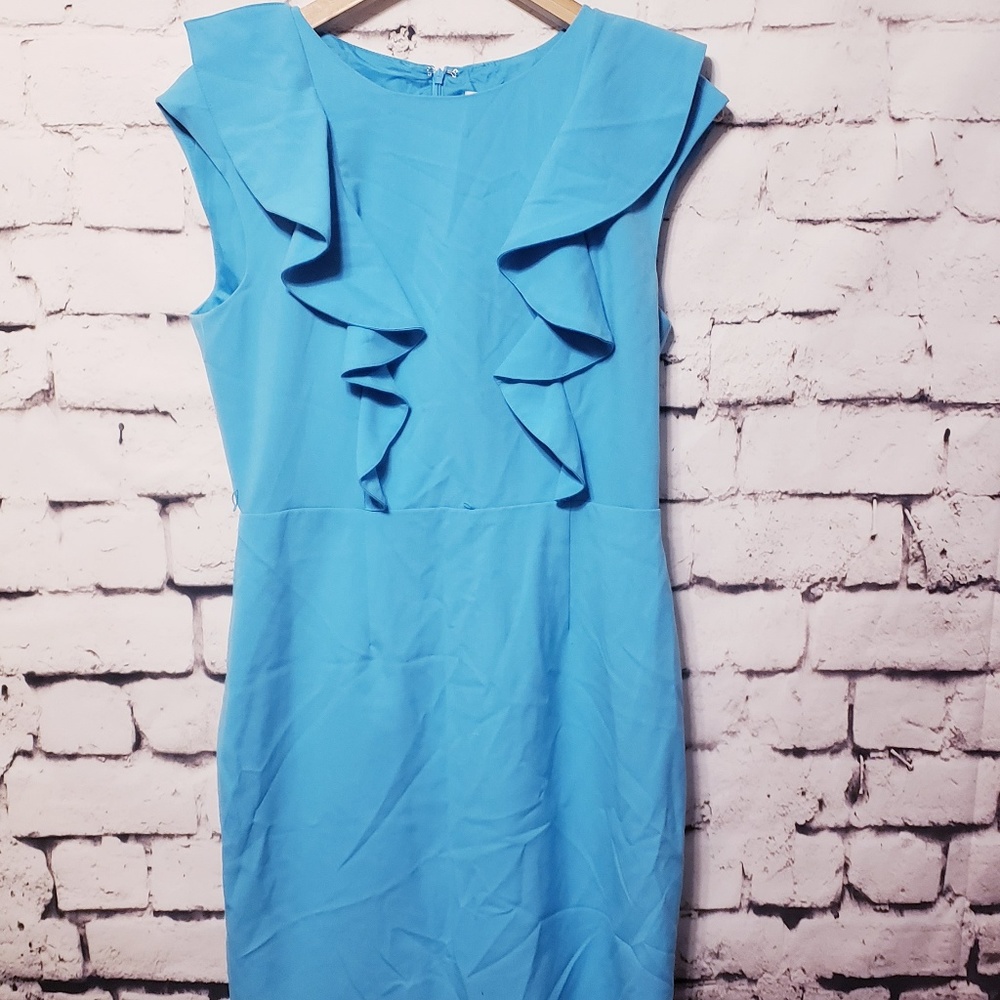 CALVIN KLEIN TURQUOISE PLEATED RUFFLE DRESS